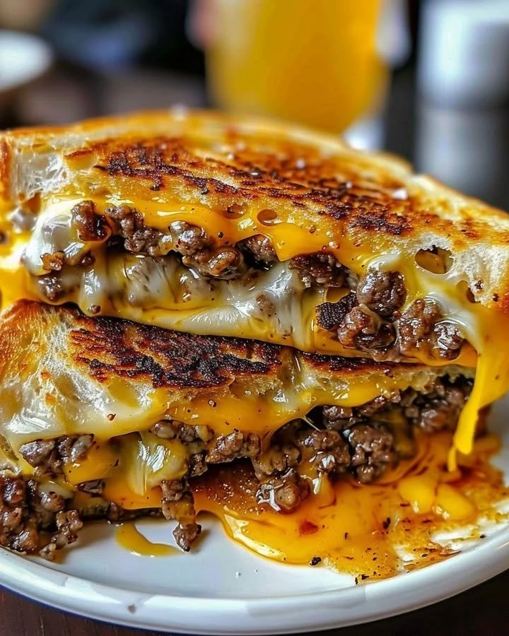 Delicious beef grilled cheese sandwich with melted cheese on toasted bread