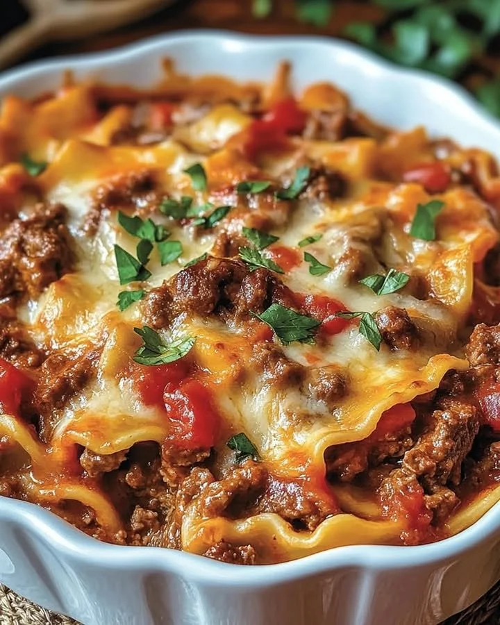 Hearty Beef Lombardi casserole topped with cheese and herbs.