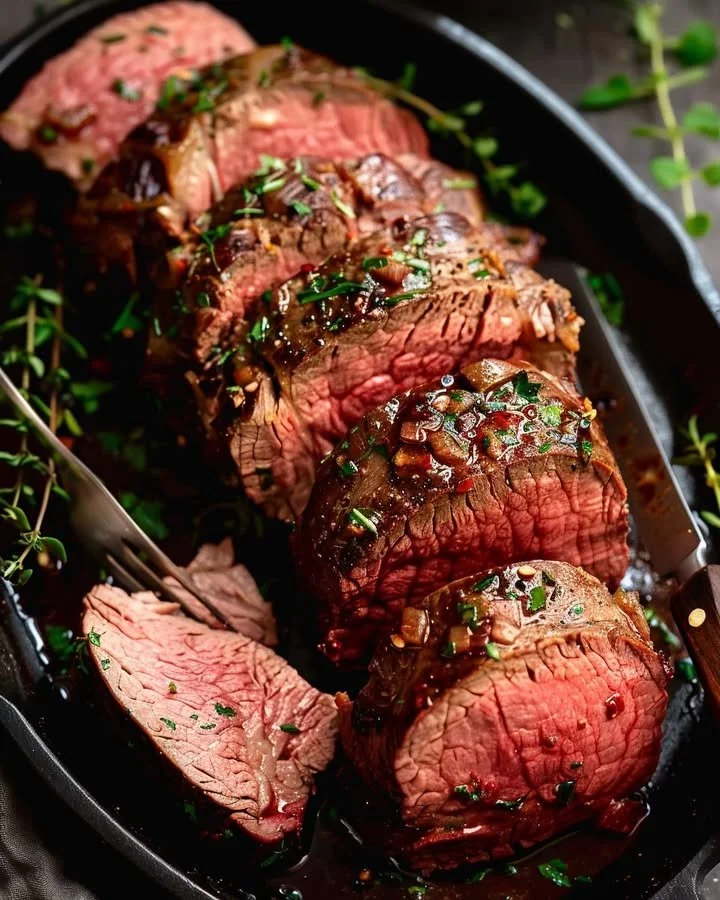 Delicious beef tenderloin served with savory pan sauce on a plate.
