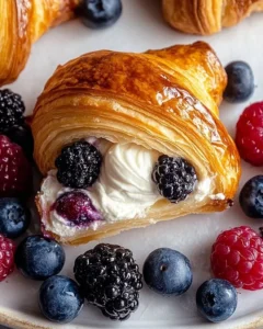 Freshly baked berries and cream filled croissants on a plate