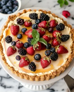 Delicious Berry Cottage Cheese Cheesecake topped with fresh berries