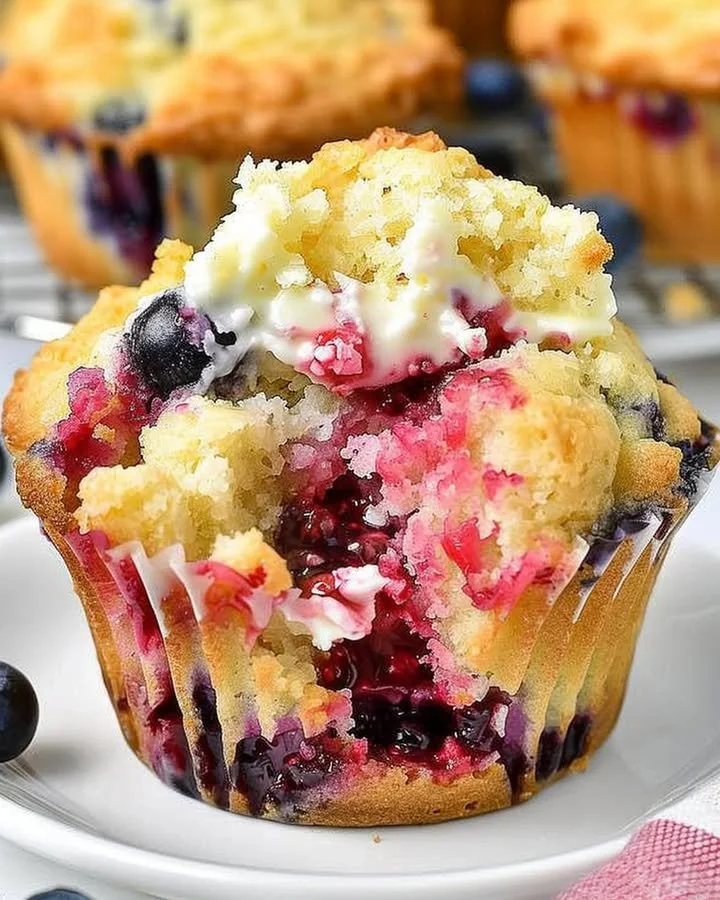 Delicious berry cream cheese muffins topped with fresh berries