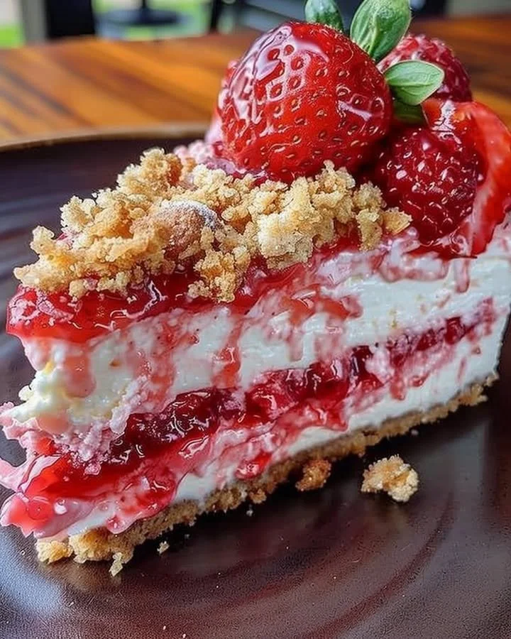 Berrylicious Strawberry Crunch Cheesecake topped with fresh strawberries and crunch layers.