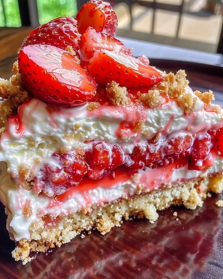 Slice of Berrylicious Strawberry Crunch Cheesecake with fresh strawberries on top