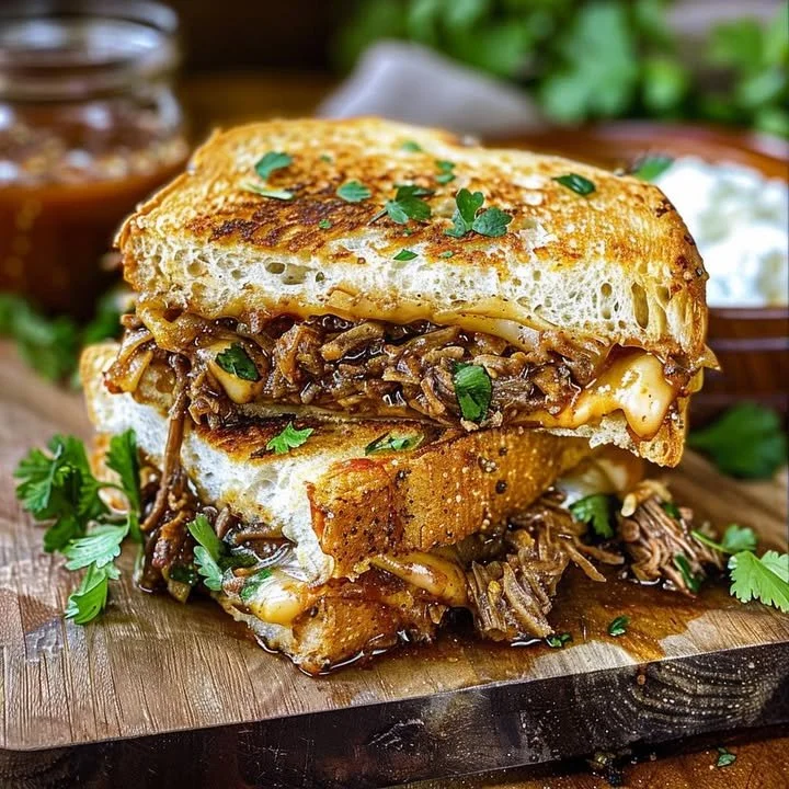 Delicious birria grilled cheese sandwich with melted cheese and rich birria meat
