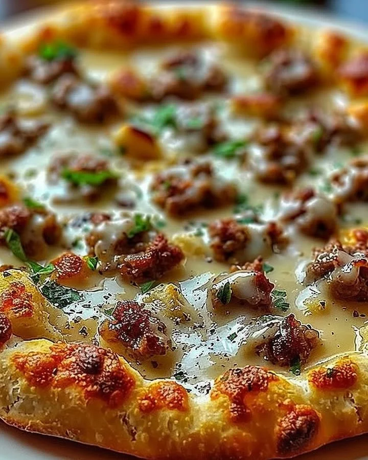 Delicious Biscuits and Sausage Gravy Breakfast Pizza topped with savory sausage and gravy