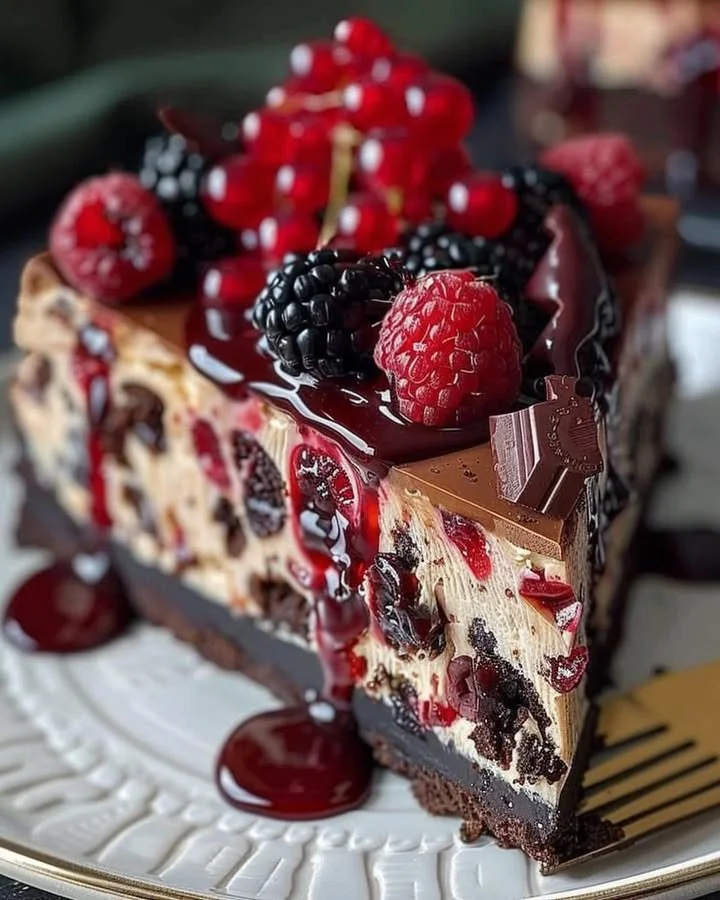 Delicious Black Forest Cheesecake topped with cherries and chocolate shavings