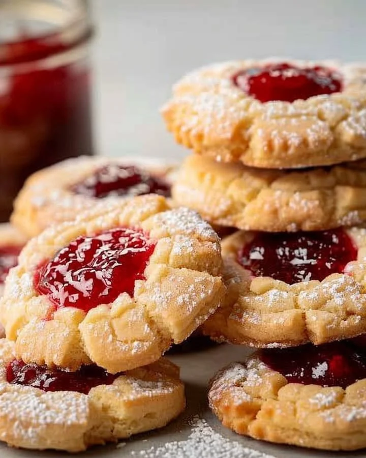 Freshly baked Blackberry Jam Butter Cookies with a jam filling and buttery texture.