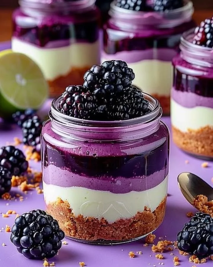 Blackberry Lime Cheesecake Jars served in glass containers with fresh berries