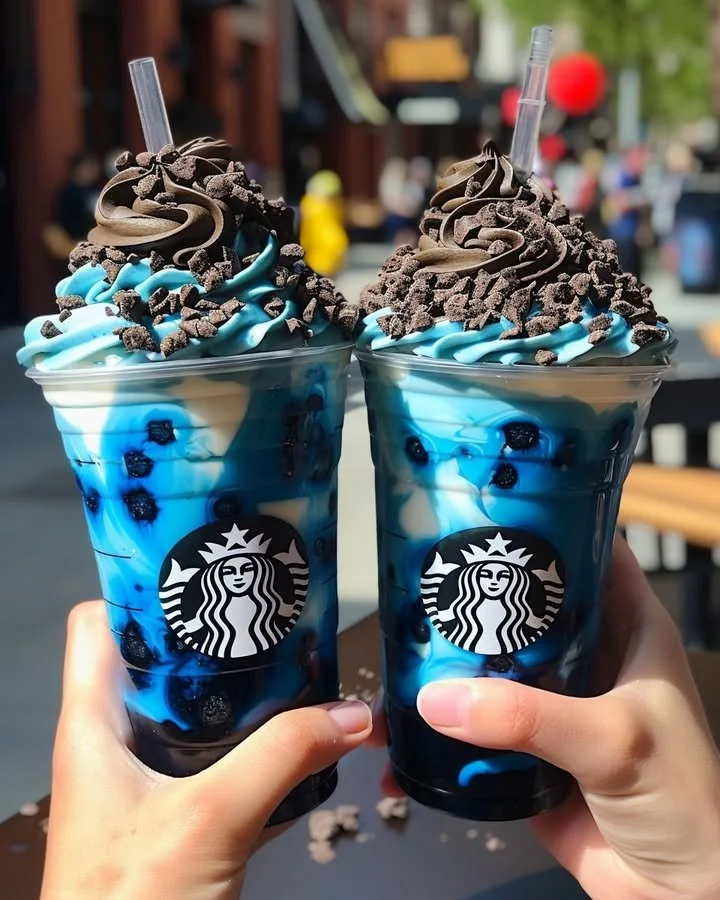 Blue Cookies & Cream Dip Frappuccino topped with whipped cream and chocolate
