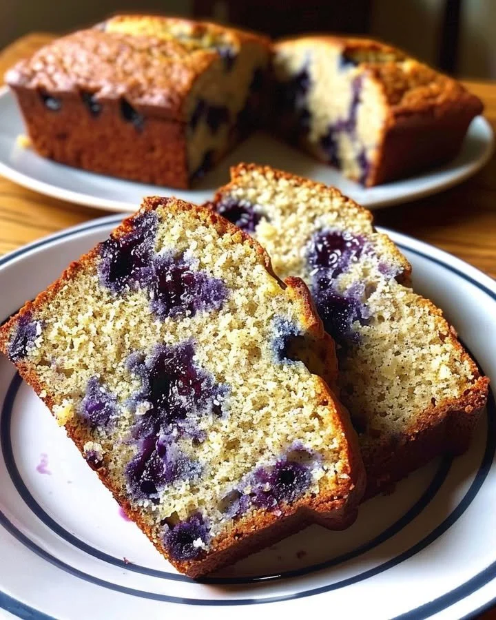 Delicious slice of blueberry banana bread with fresh blueberries on top