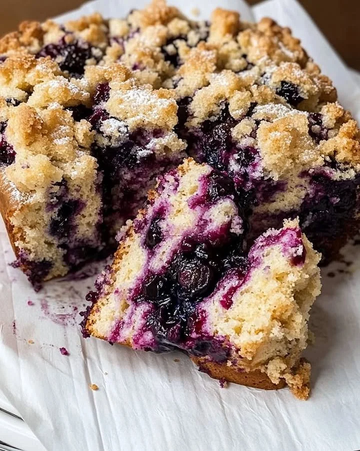 Blueberry Brioche Crumb Cake with fresh blueberries on a white plate.