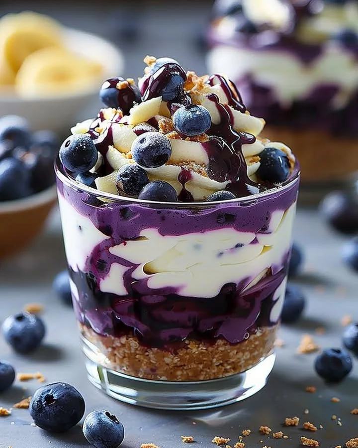 Blueberry cheesecake parfait topped with fresh blueberries and whipped cream