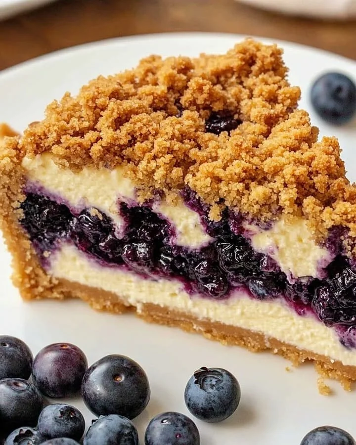 Delicious blueberry crumble cheesecake with a creamy filling and crumble topping