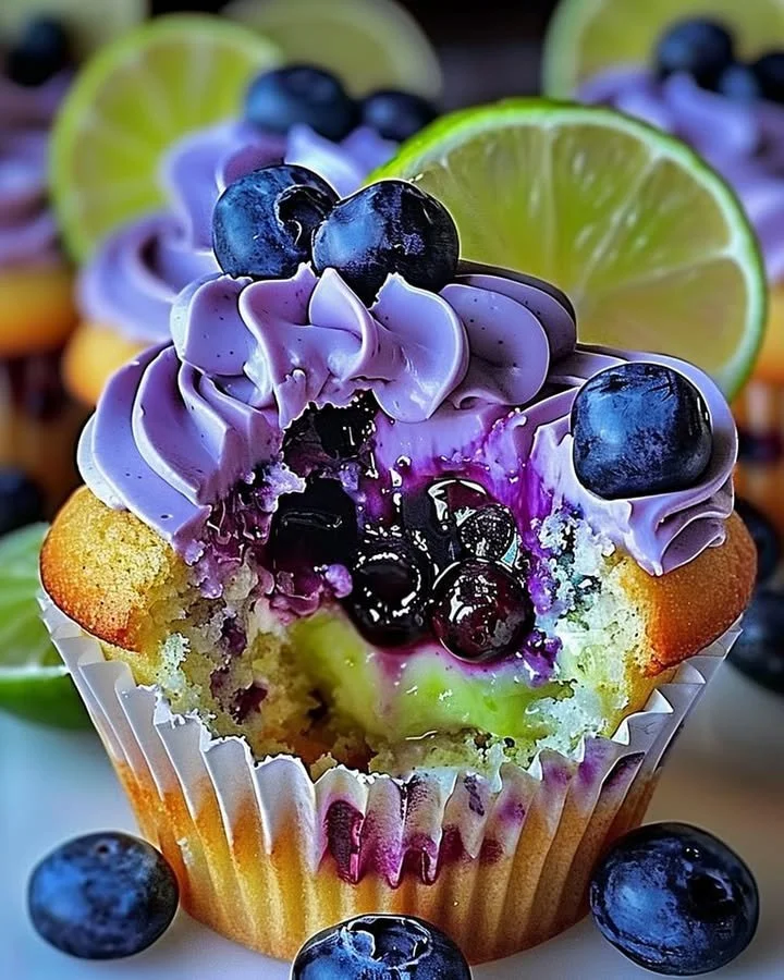 Delicious blueberry lime cheesecake cupcakes topped with fresh blueberries.