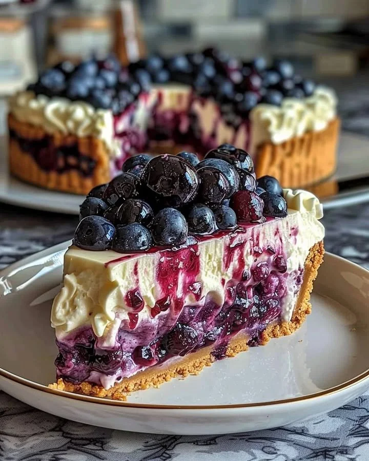 Delicious blueberry swirl cheesecake topped with fresh blueberries and cream