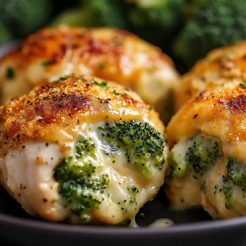 Broccoli and cheese stuffed chicken breast on a plate with fresh herbs