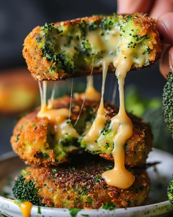 Plate of homemade broccoli cheese patties served with dipping sauce.