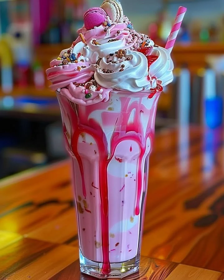 Colorful Bubblegum Bliss Mega Shakes topped with whipped cream and sprinkles
