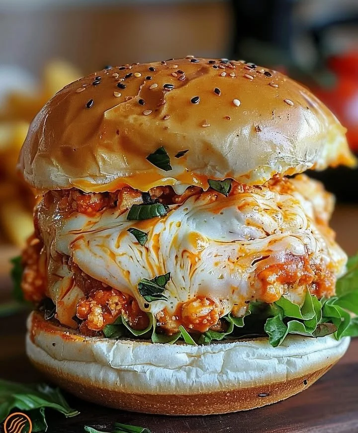 Buffalo Chicken Lasagna Burger topped with cheese and spicy sauce