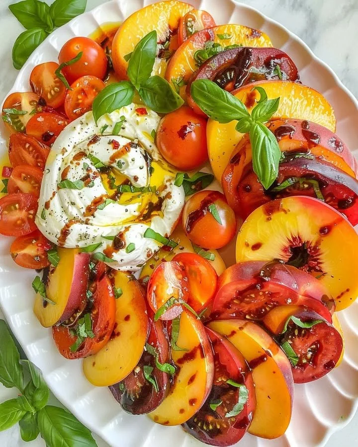Burrata Tomato Peach Salad with creamy burrata, ripe tomatoes, and fresh peaches