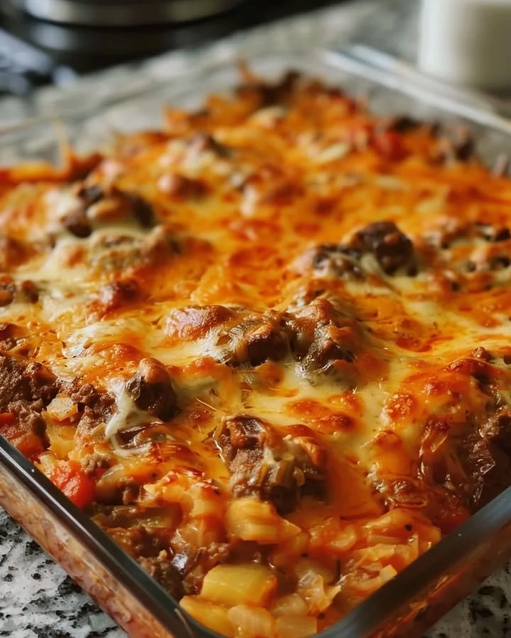 Delicious Cabbage Beef Bake served in a casserole dish