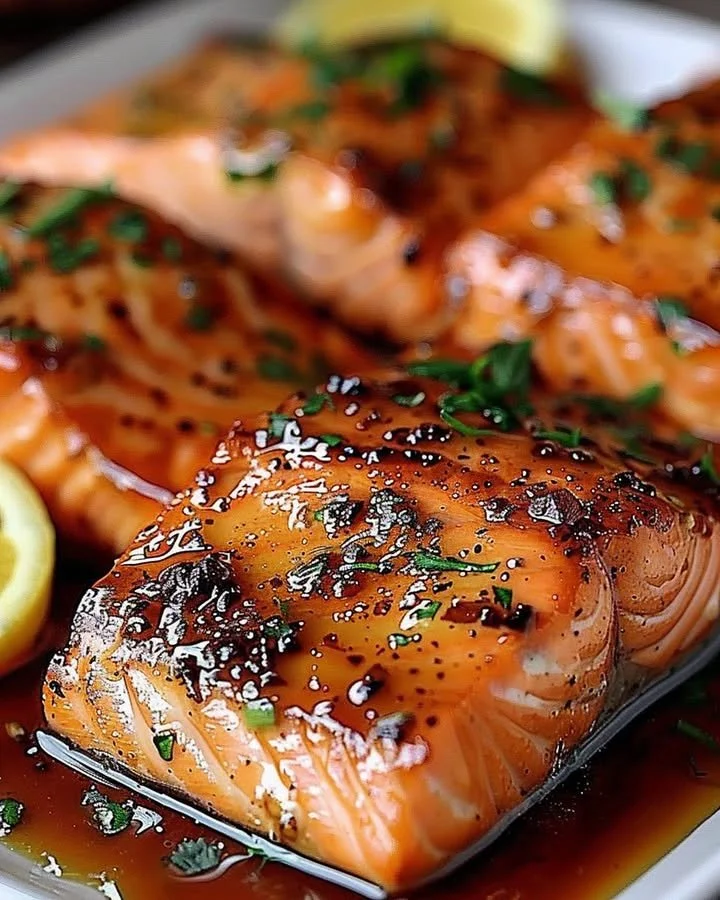 Cajun Honey Butter Salmon fillet garnished with herbs on a plate