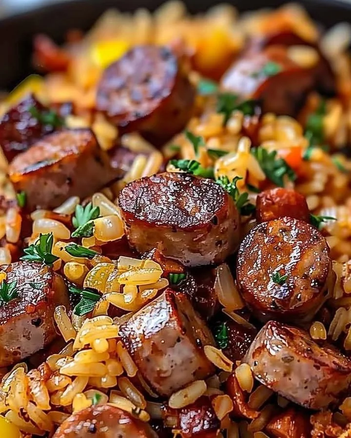 Cajun Sausage and Rice Skillet dish garnished with herbs