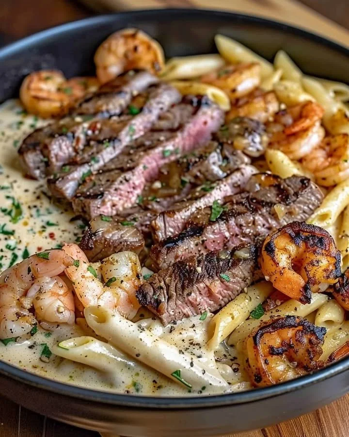 Cajun Shrimp and Steak Alfredo Pasta garnished with herbs and spices.