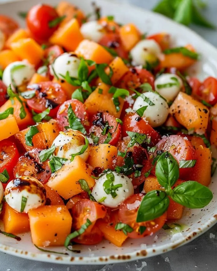 Cantaloupe and heirloom tomato salad garnished with fresh herbs