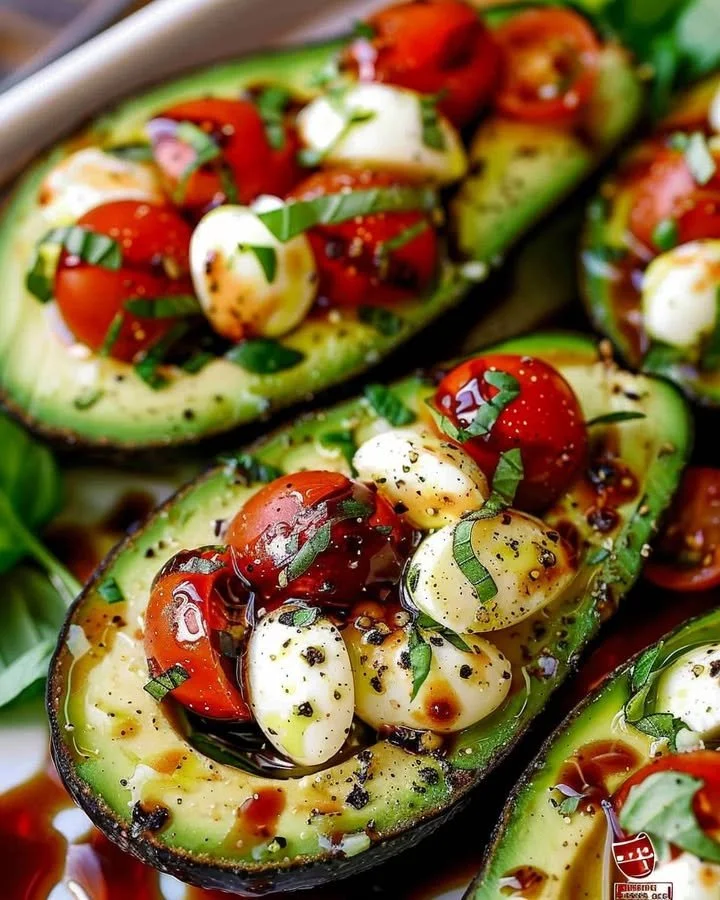 Caprese stuffed avocado with tomatoes and mozzarella drizzled with balsamic glaze.