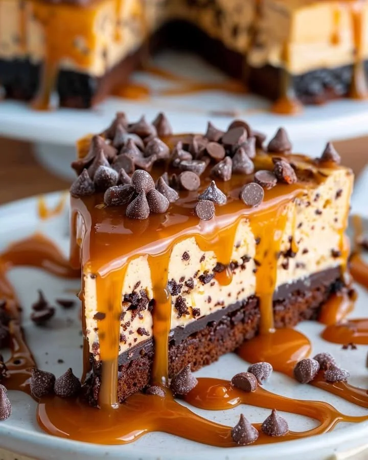Delicious caramel brownie cheesecake with a rich fudgy base and creamy topping