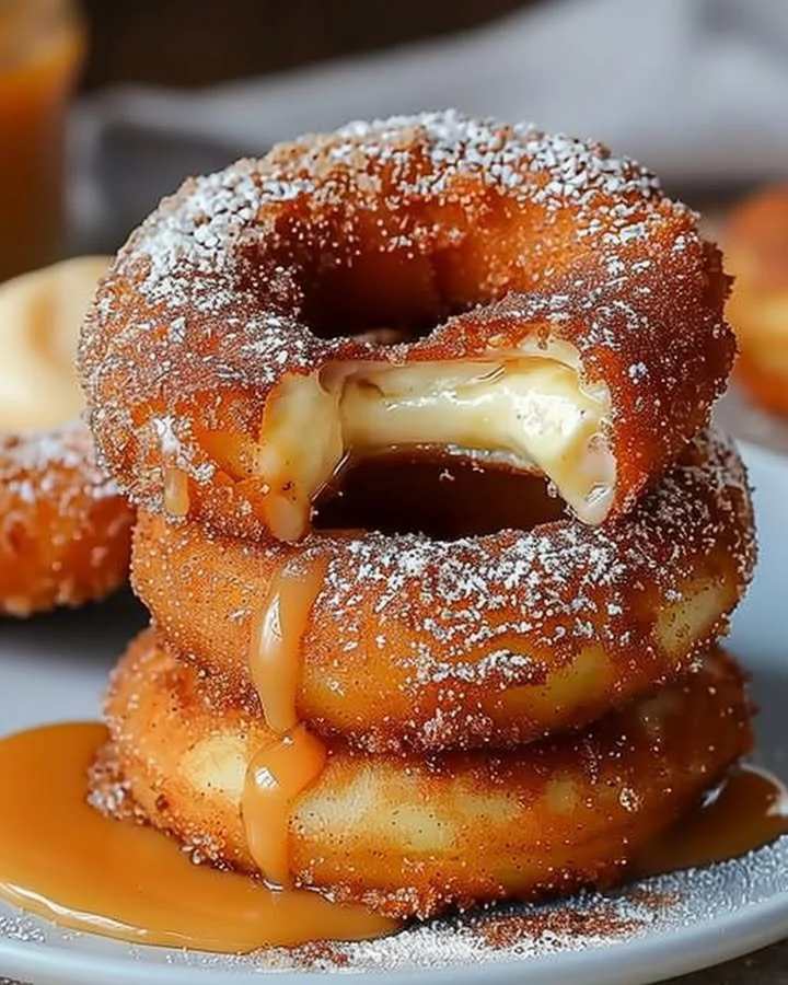 Delicious caramel cheesecake-stuffed churro rings on a plate.