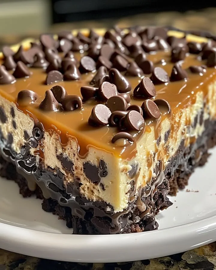 Decadent caramel chocolate chip cheesecake topped with chocolate chips and caramel sauce.