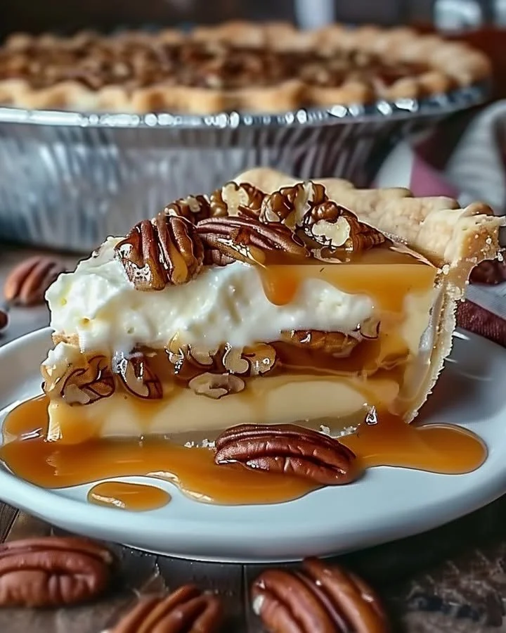 Caramel Pecan Pie with a golden crust and caramel drizzle on top