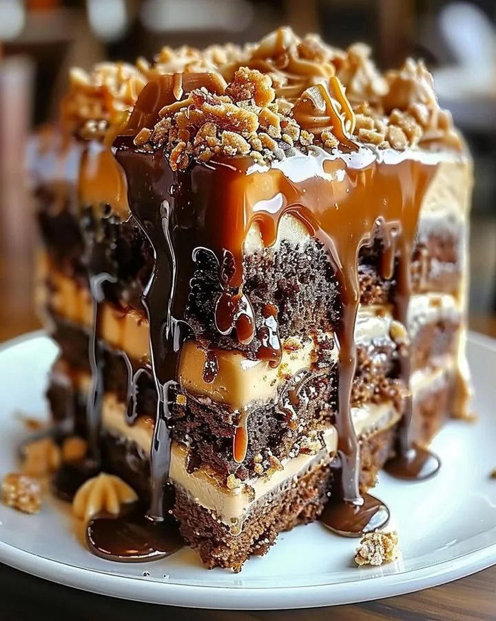 Slices of caramel toffee crunch cake with caramel drizzle and toffee bits on top.