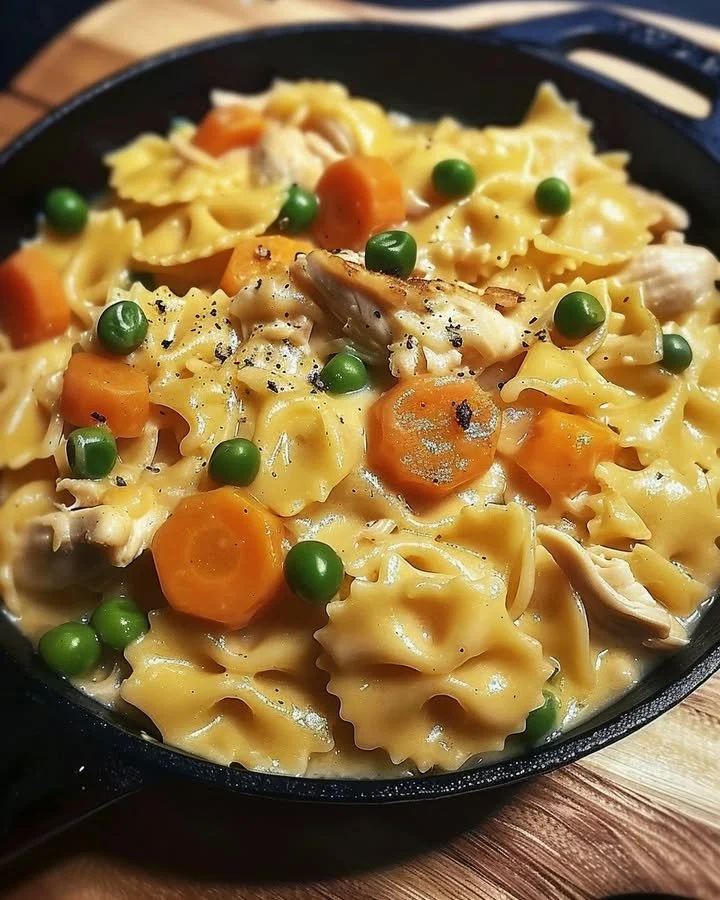 Delicious Chicken Pot Pie Pasta served in a bowl