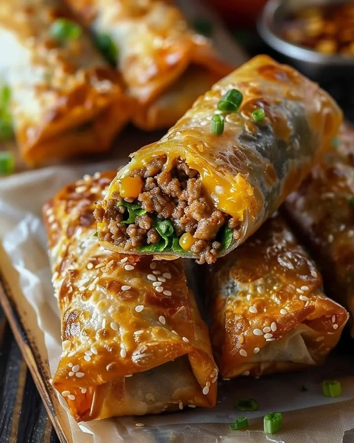 Cheeseburger egg rolls filled with savory beef and melted cheese