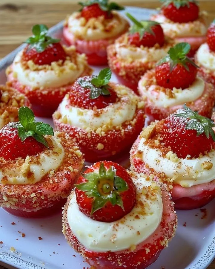 Cheesecake Deviled Strawberries topped with fresh cream and strawberries