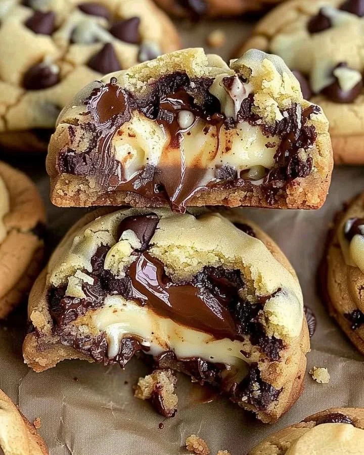 Cheesecake stuffed chocolate chip cookies on a plate