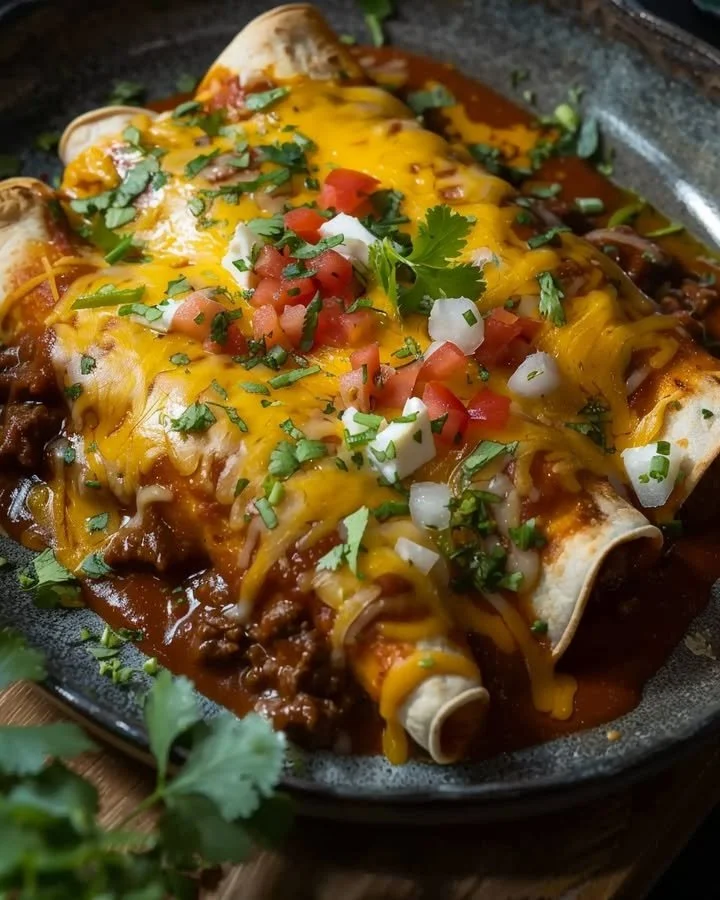 Delicious cheesy beef enchiladas topped with melted cheese and garnished.