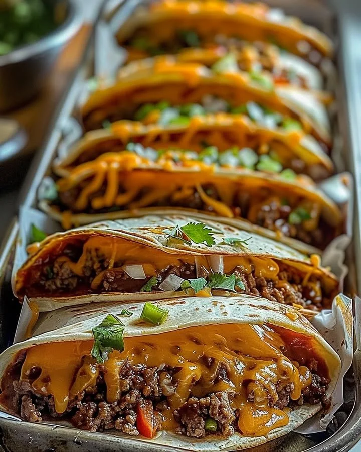 Cheesy beef taco-stuffed tortilla pockets ready to serve