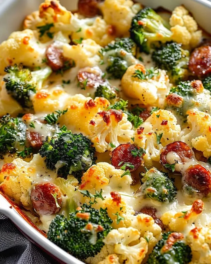 Cheesy broccoli and cauliflower bake served in a dish