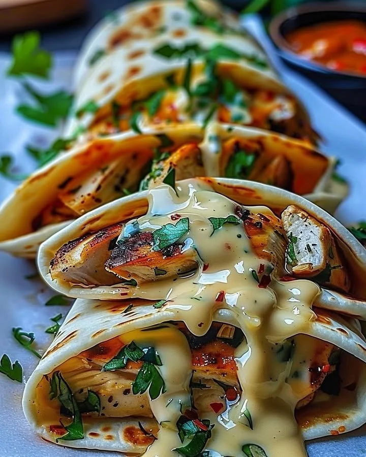 Cheesy garlic chicken wraps served with fresh ingredients and savory toppings.