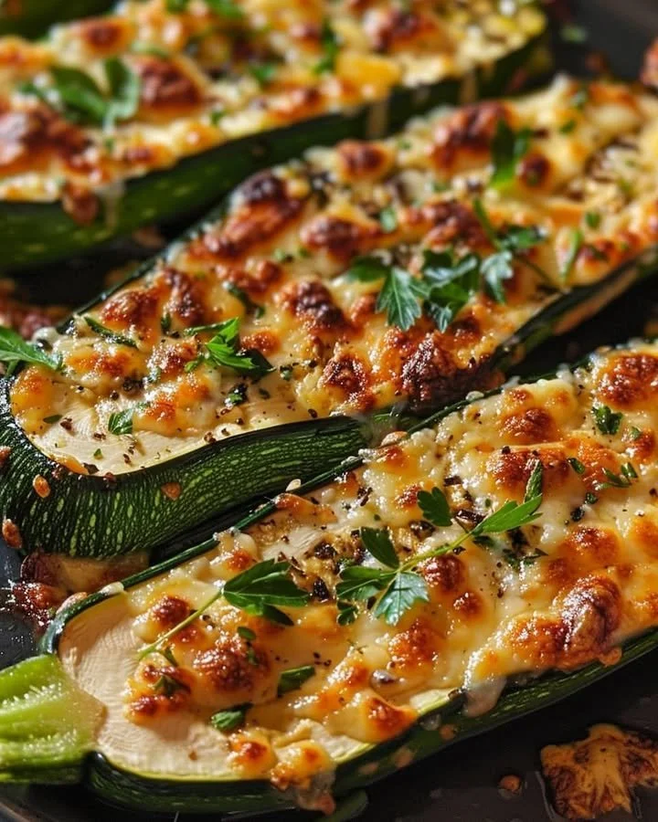 Cheesy garlic zucchini steaks garnished with herbs and cheese