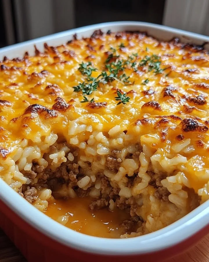 Cheesy Ground Beef Rice Casserole served in a baking dish with melted cheese on top