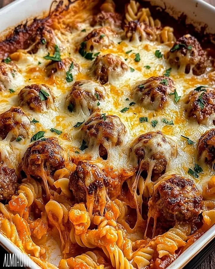 Delicious cheesy meatball pasta bake served in a casserole dish