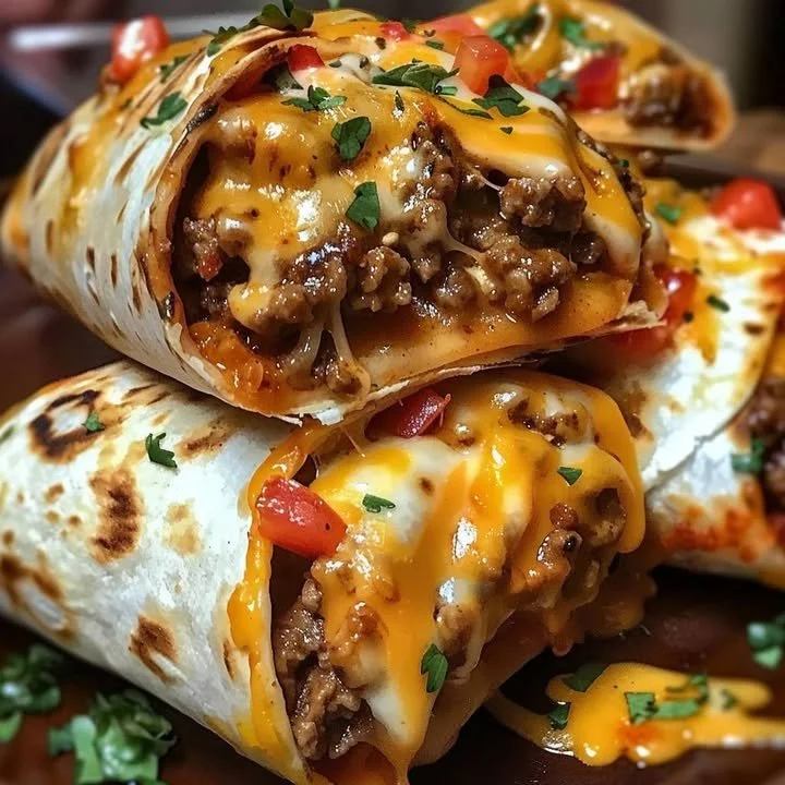 Delicious cheesy nacho beef burritos ready to be enjoyed
