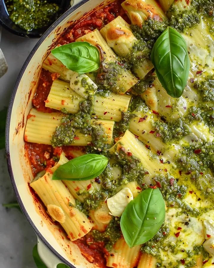 Cheesy pesto manicotti baked and served in a dish with fresh basil on top.