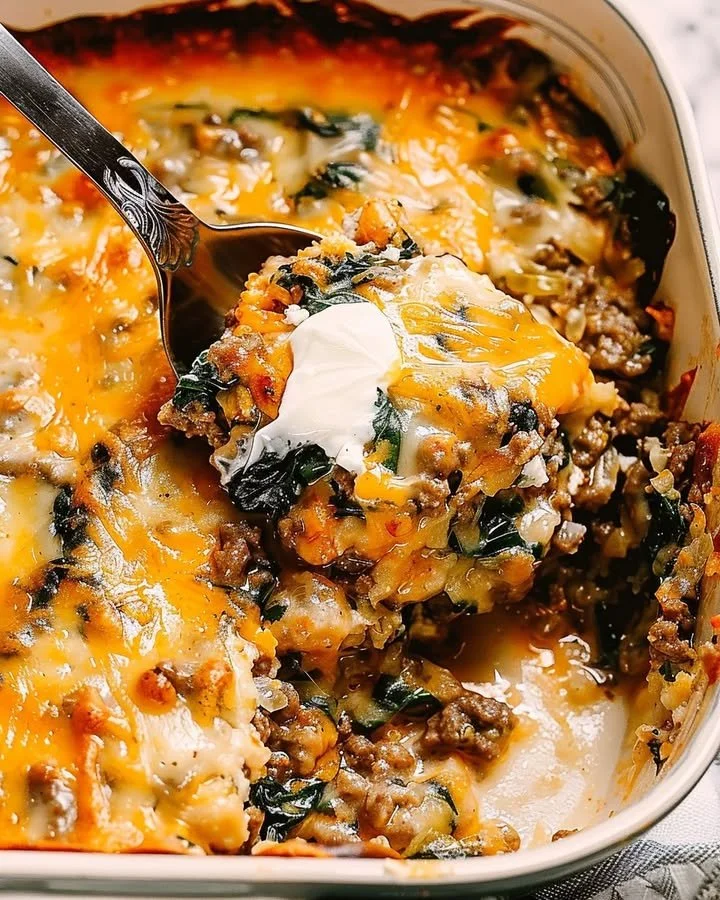 Cheesy spinach and beef casserole served in a bowl